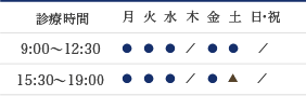 診療時間 10:00-12:30 15:30-19:00  土曜の午後は17:00まで　休診日 木・土・日祝