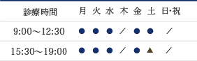 診療時間 10:00-12:30 15:30-19:00  土曜の午後は17:00まで　休診日 木・土・日祝